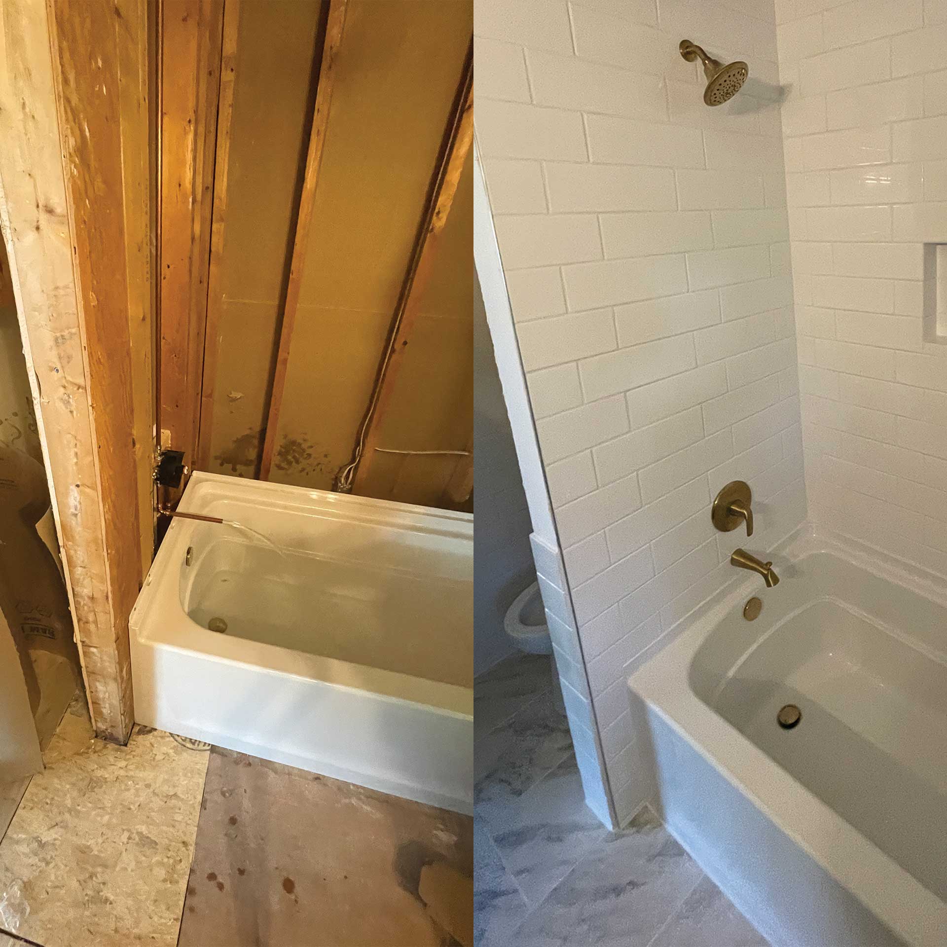 A bathroom remodel by Champlain Homeworks, before and after: exposed studs and a bare tub, then white subway tile, brass fixtures, and a finished tub.